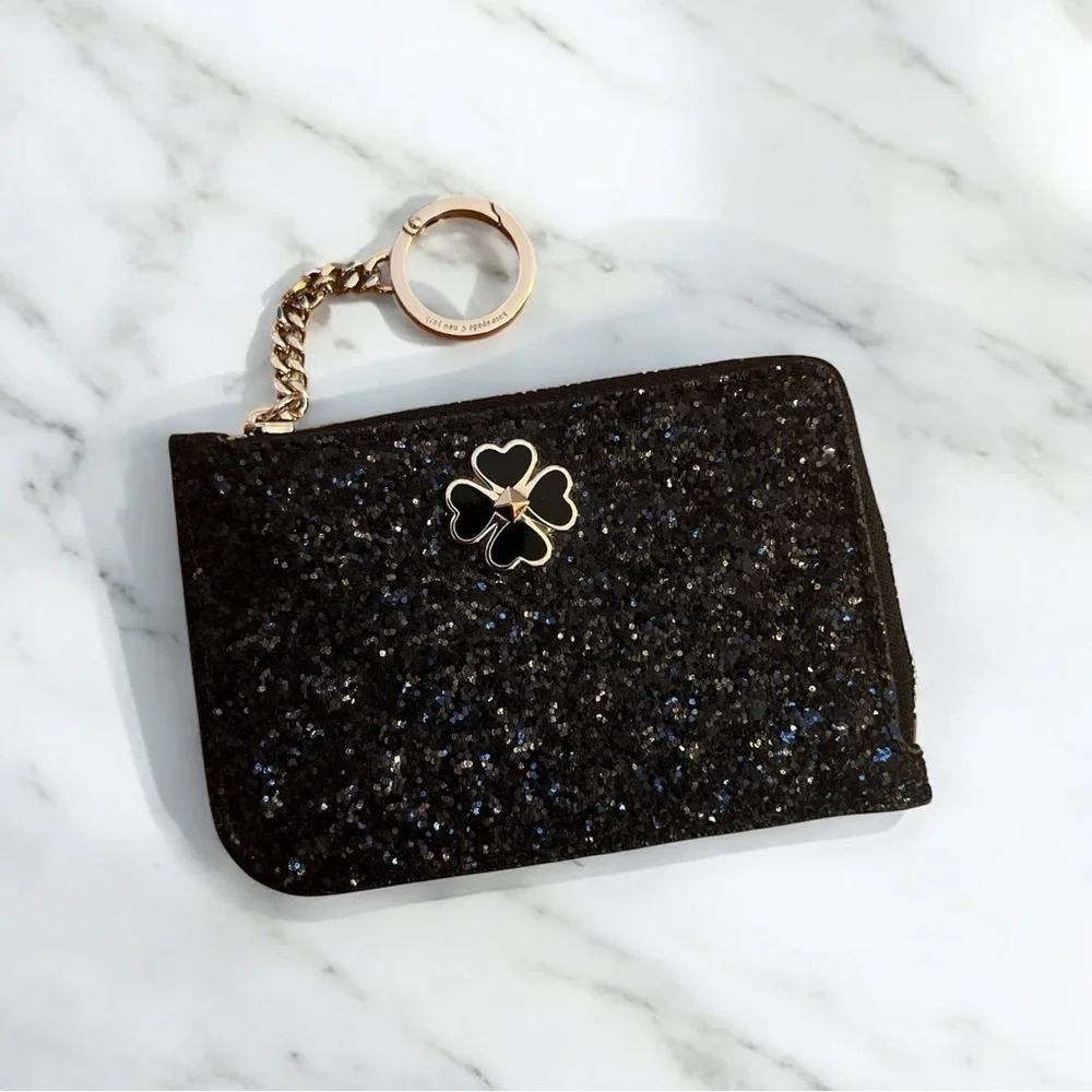 Kate Spade Odette Black Glitter L-Zip Card Holder Wallet Keychain